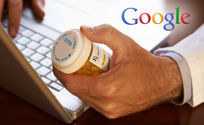 Google Logo and Man Researching Pills Online