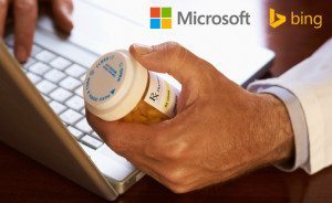 Microsoft and Bing logos with man searching for medicine information online