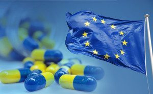 E.U. Flag with yellow and blue pills
