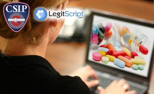 CSIP / LegitScript logos with computer screen with pills