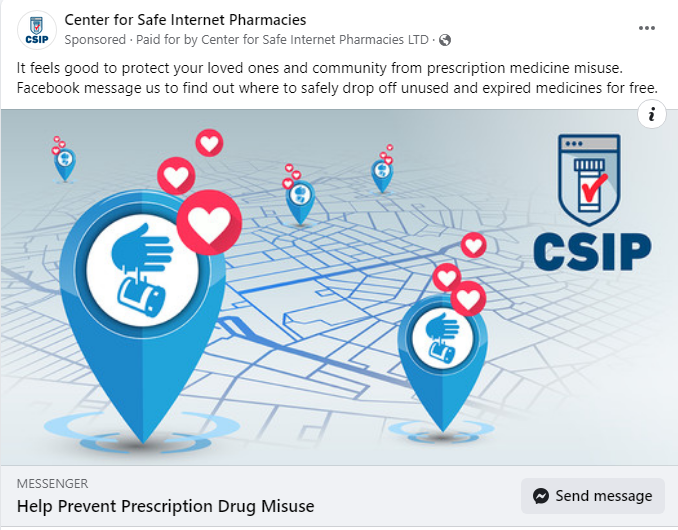 CSIP Sample Spring 2023 Prescription Drug Take Back Day ad feature a map layout, with map pins which have a had dropping a prescription drug bottle at a drop off location. Text of the ad says "It feels good to protect your loved ones and community from prescription drug misuse. Facebook message us to find out where to safely drop off unused and expired medicines for free."
